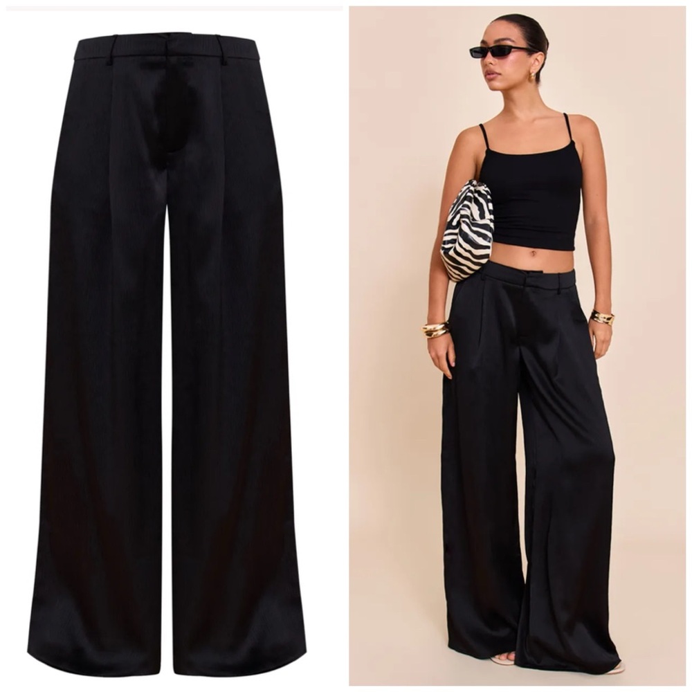 PrettyLittleThing Black Satin Textured Wide Leg Pants Sz 12 Double Pleat Trouser